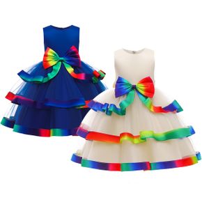Kid Girl Rainbow Bowknot Decor Sleeveless Princess Costume Party Tutu Tulle Dress